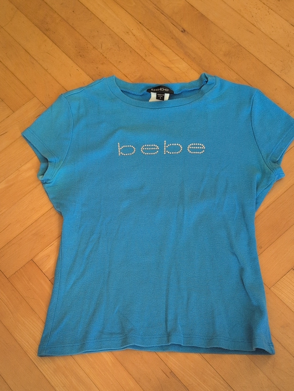 bebe Turquoise Rhinestone Logo Tee Shirt